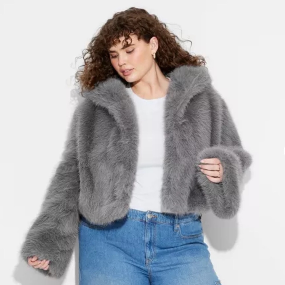 Viral Wild Fable Grey Hooded Fur Jacket NWT - Picture 2 of 9